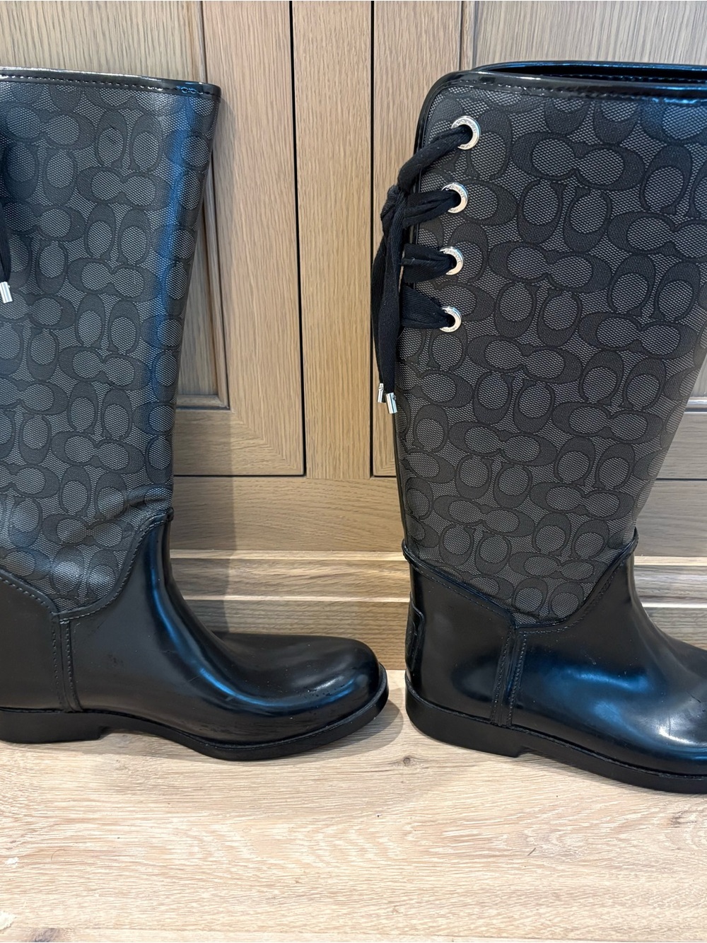 Coach Black Signature Monogram Lace-Up Rain Boots
